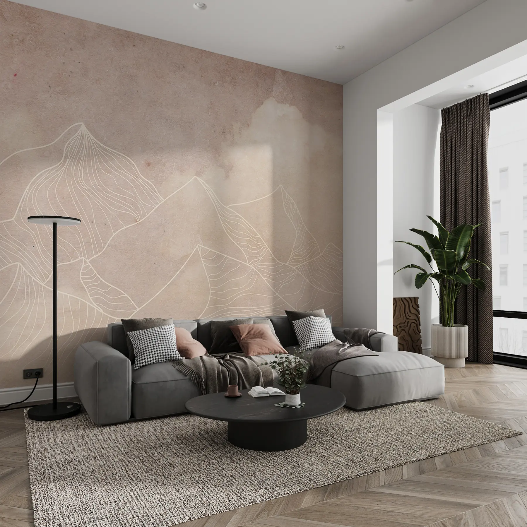 Fotobehang Grunge textuur met abstracte bergen, beige kleur, natuur thema kunst u98839