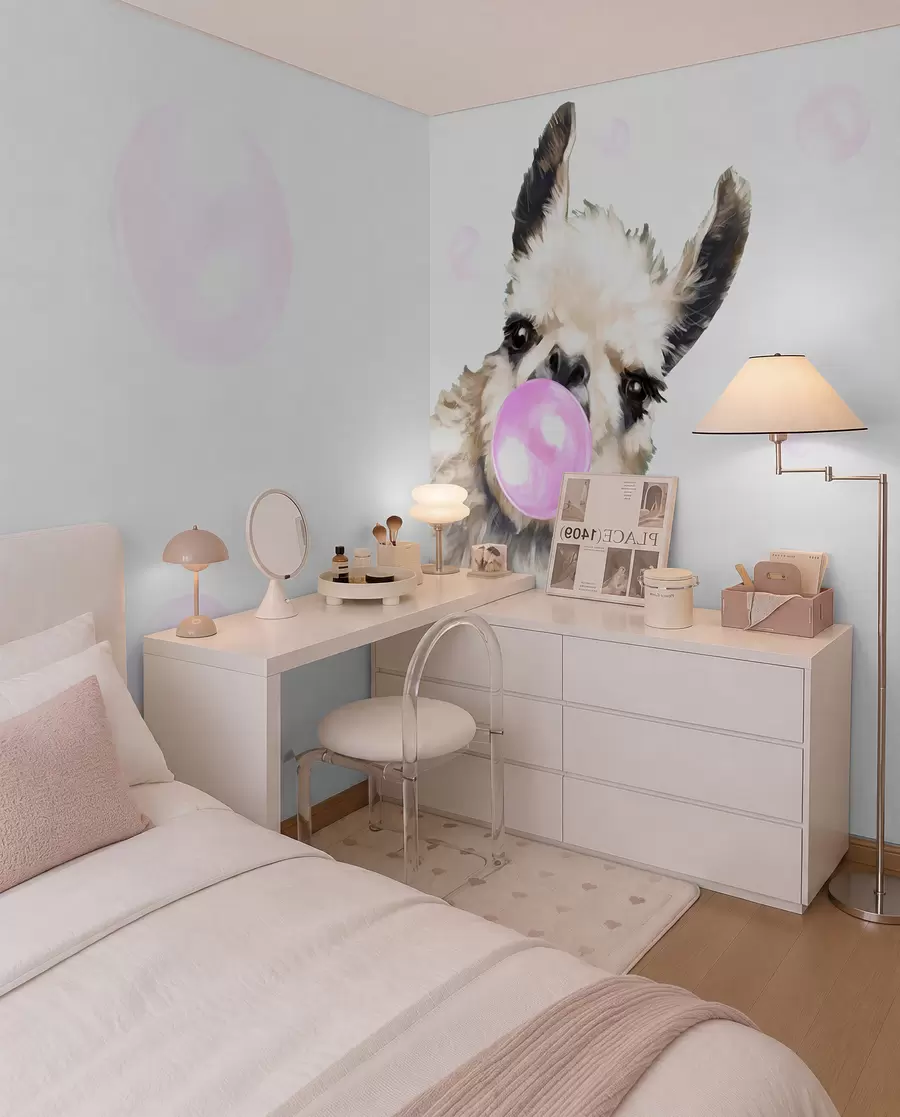 Fotobehang Grappige lama en roze bellen u98952