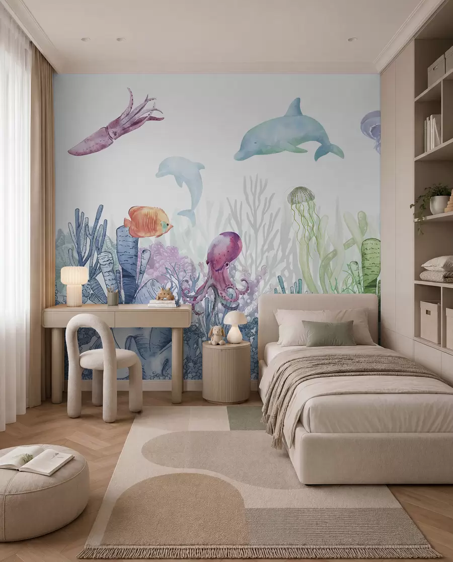 Fotobehang Onderwaterleven, Zeedieren, Aquarel, Koralen, Dolfijn, Octopus u98899