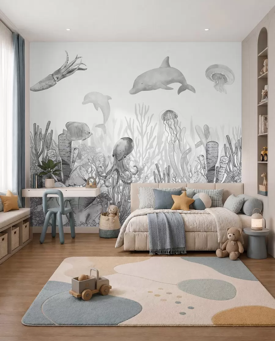 Fotobehang Onderwaterleven, zeedieren, aquarel grijze kleur, koralen, dolfijn, octopus u98899v1