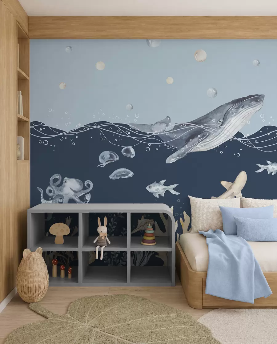 Fotobehang Onderwaterleven, walvis, dolfijn, koraal, zeedieren, oceaanthema, pastelkleuren u98902