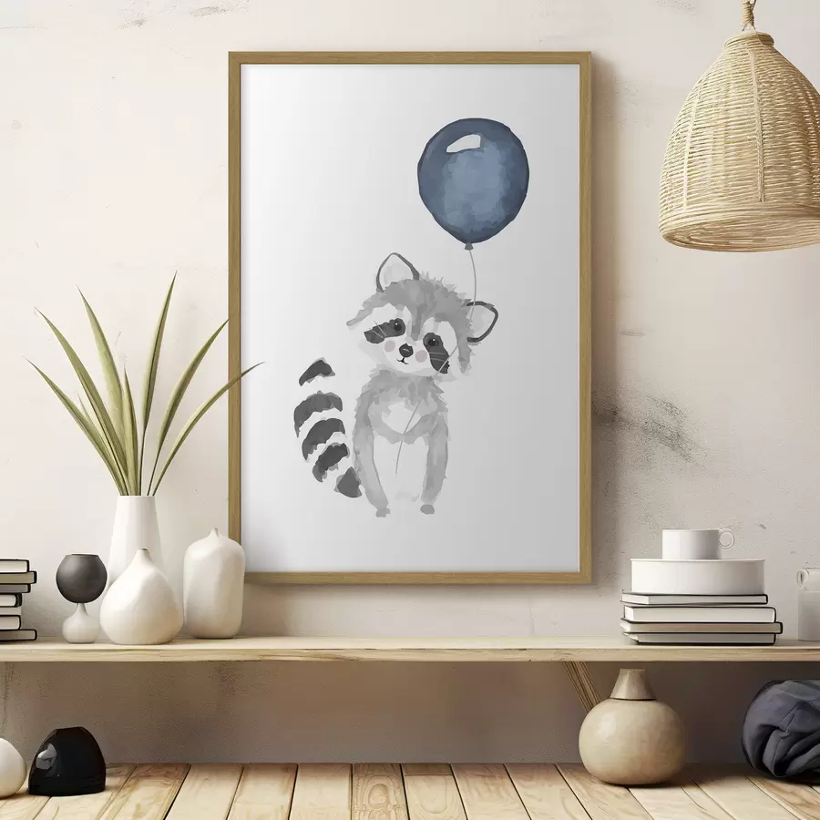Fotobehang Kleine wasbeer prairiehond houdt een blauwe ballon vast f33717
