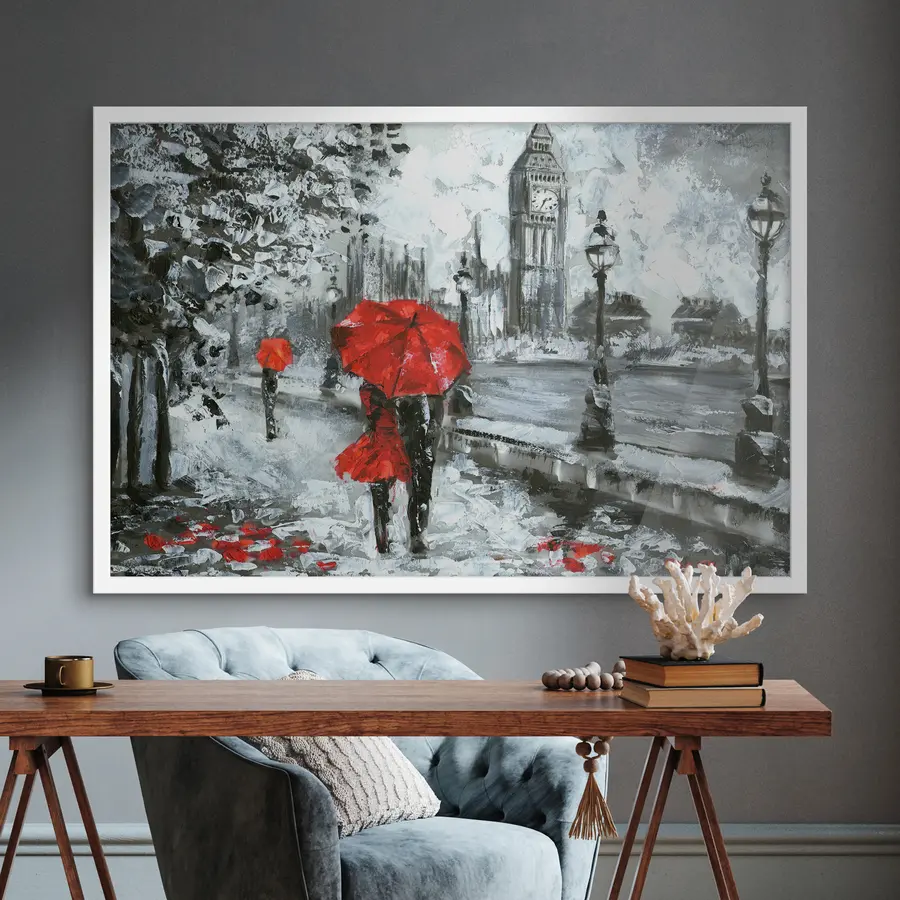 Fotobehang Olieverfschilderij, Londen straatbeeld in zwart-wit f34614