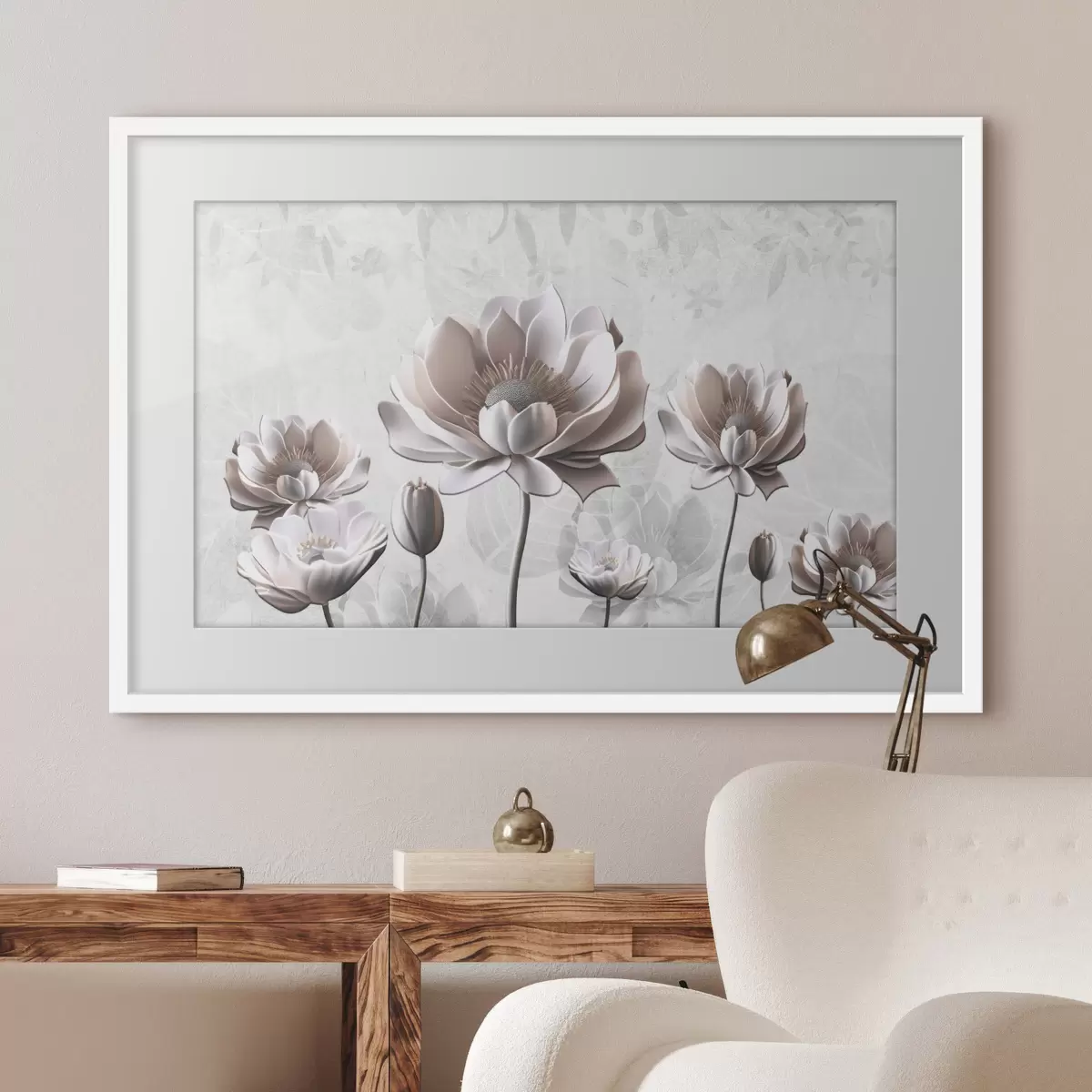 Poster Witte bloemen op een witte achtergrond f35736