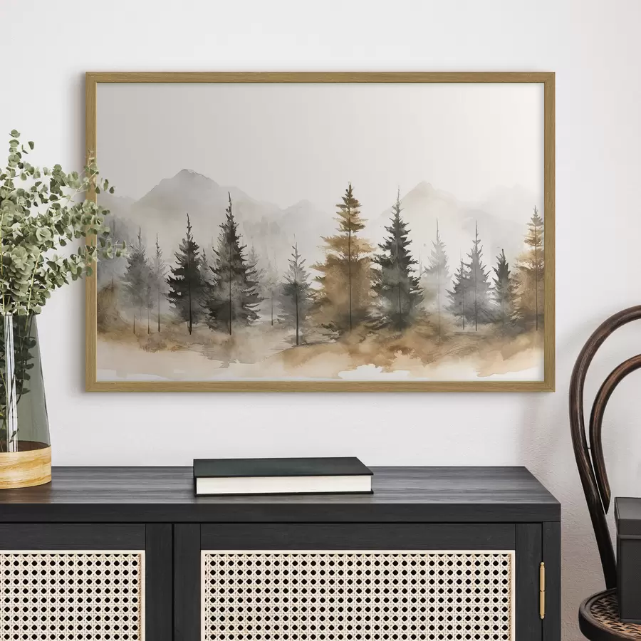 Fotobehang Aquarel sparren tegen de achtergrond van bergen f36010