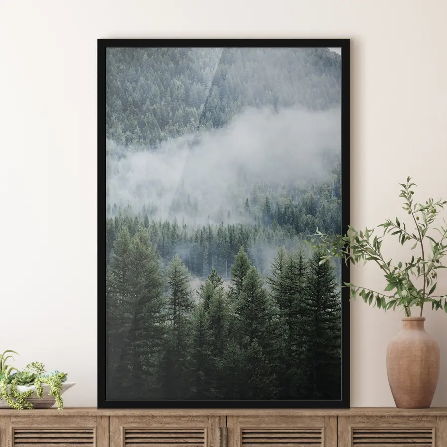 Fotobehang Naaldbos in de mist f34825