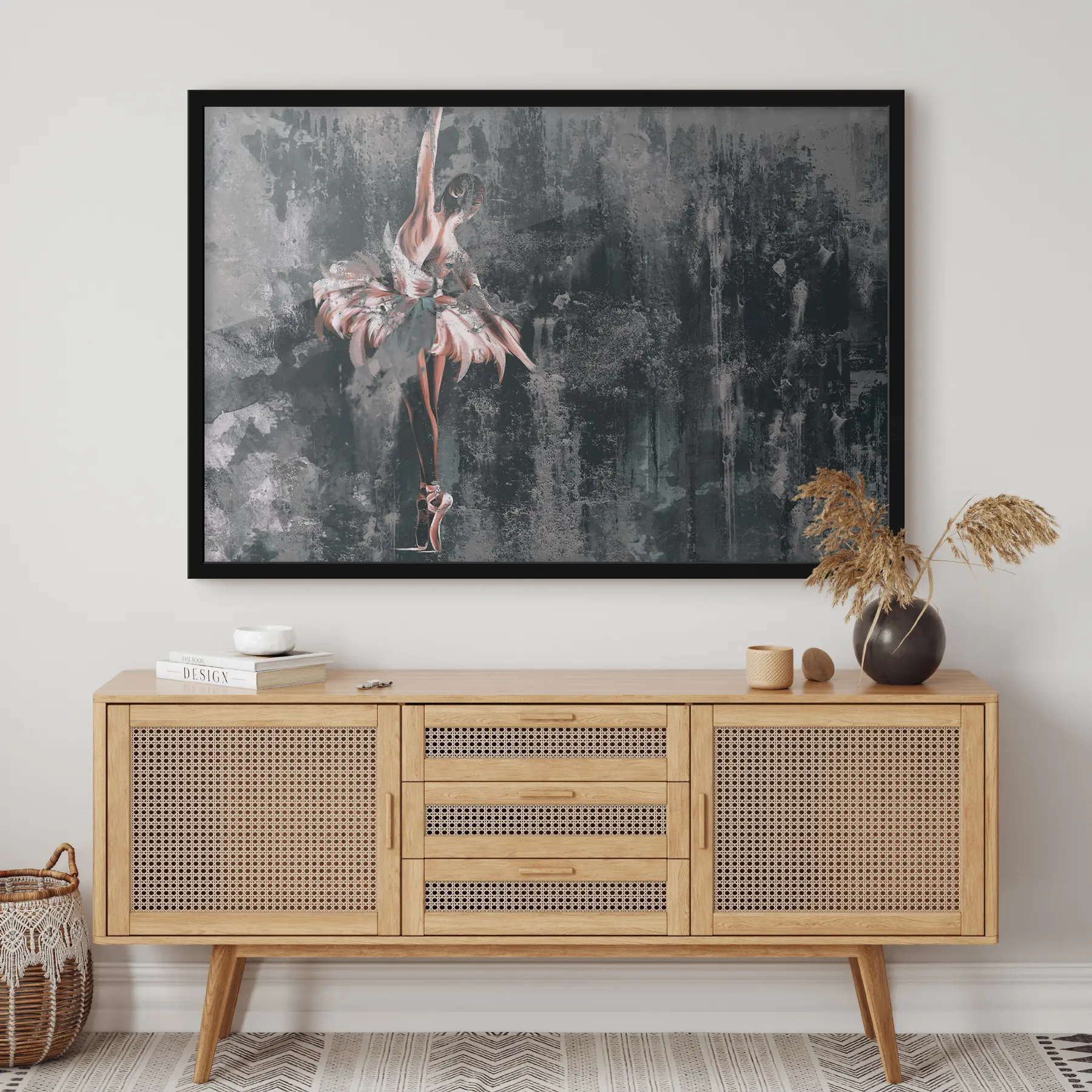 Fotobehang Een gebarsten muur met het silhouet van een ballerina met aquarelelementen. f34608