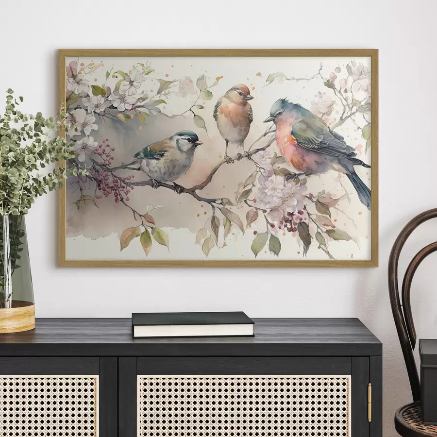 Fotobehang Kleurrijke vogels op een tak van een bloeiende boom f34490