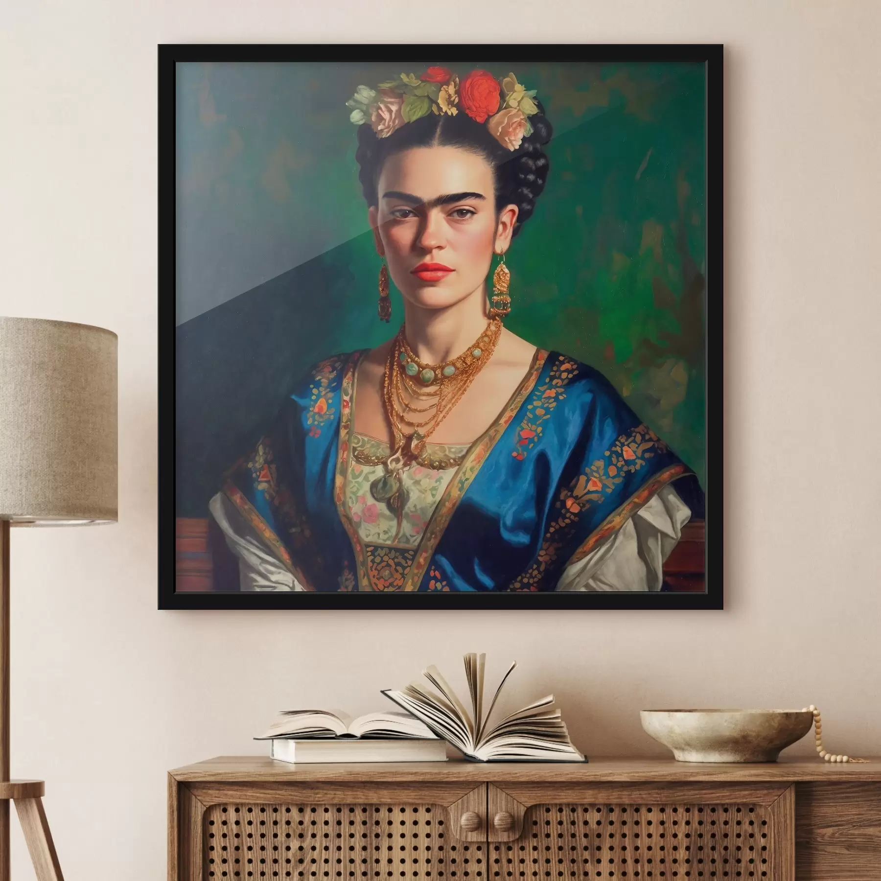 Fotobehang Portret van Frida Kahlo op een groene achtergrond f32871