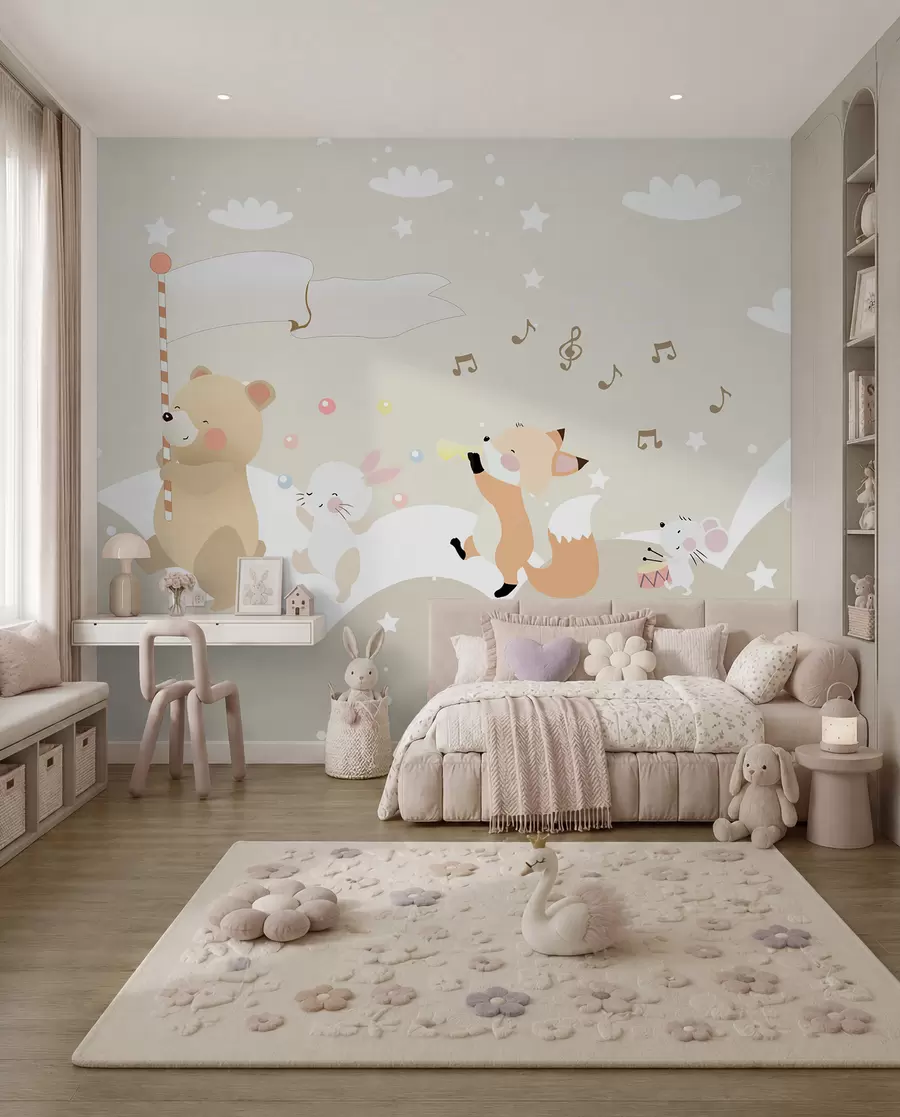 Fotobehang Behangontwerp voor kinderkamer met schattige dieren in roze kleuren u98969