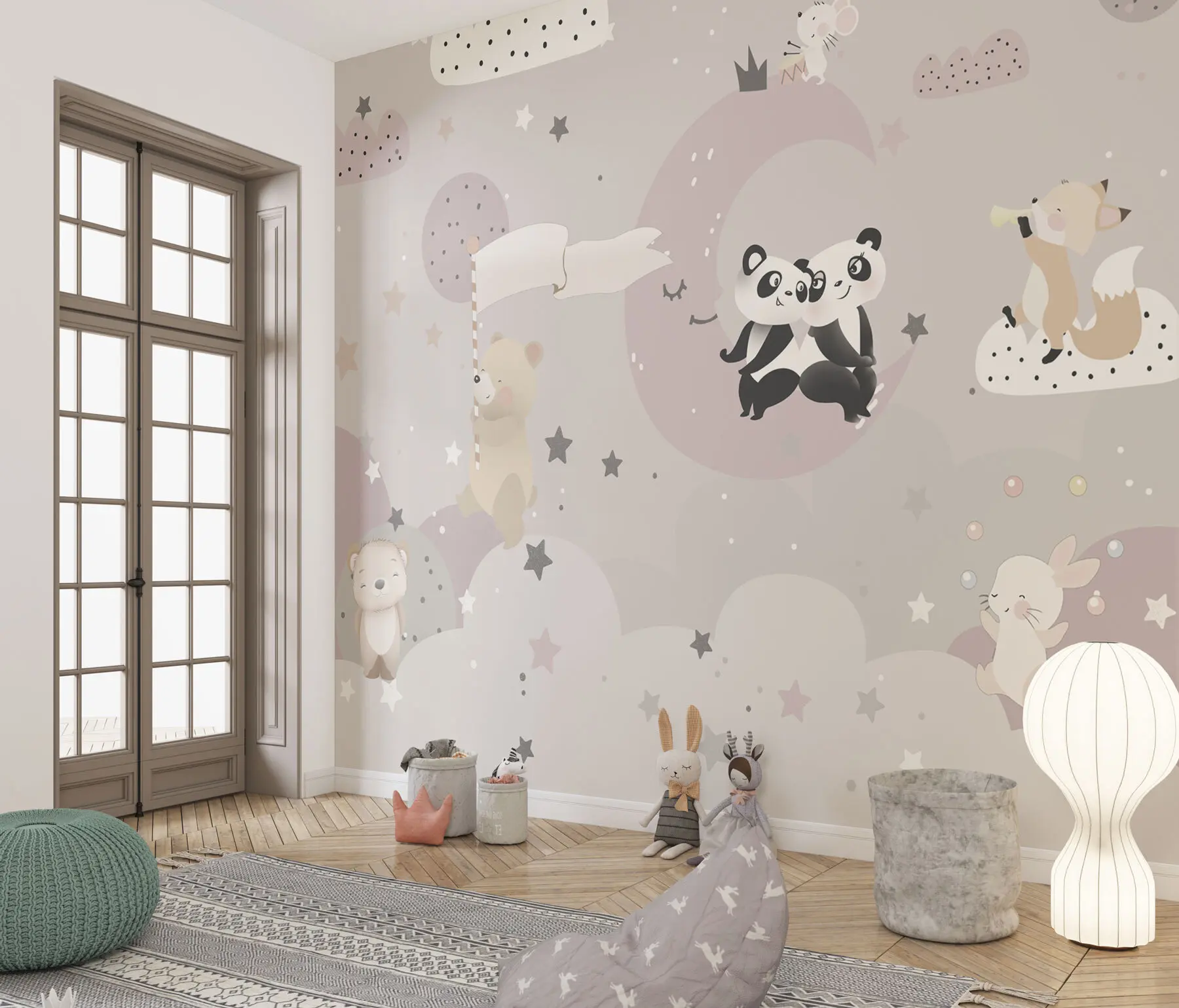 Fotobehang Behangontwerp voor kinderkamer met schattige dieren op wolken u98973