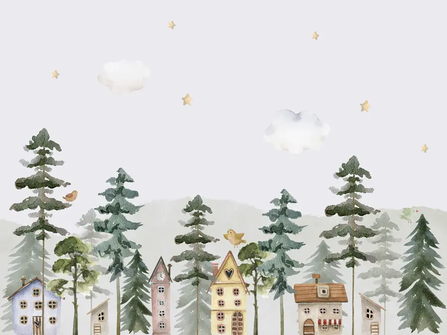 Fotobehang Dennenbos met vogels en schattige huisjes, groene en beige kleuren u98989