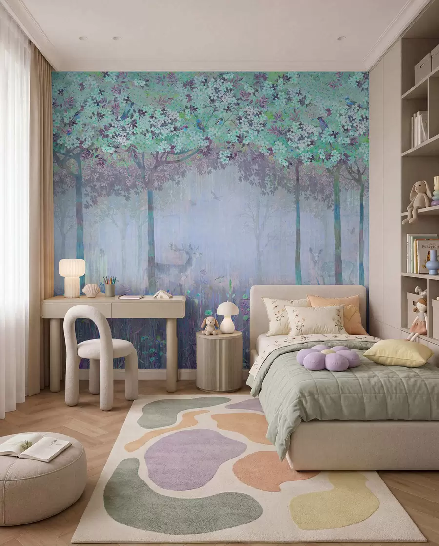 Fotobehang Hert in blauw bloesembos u62100v1