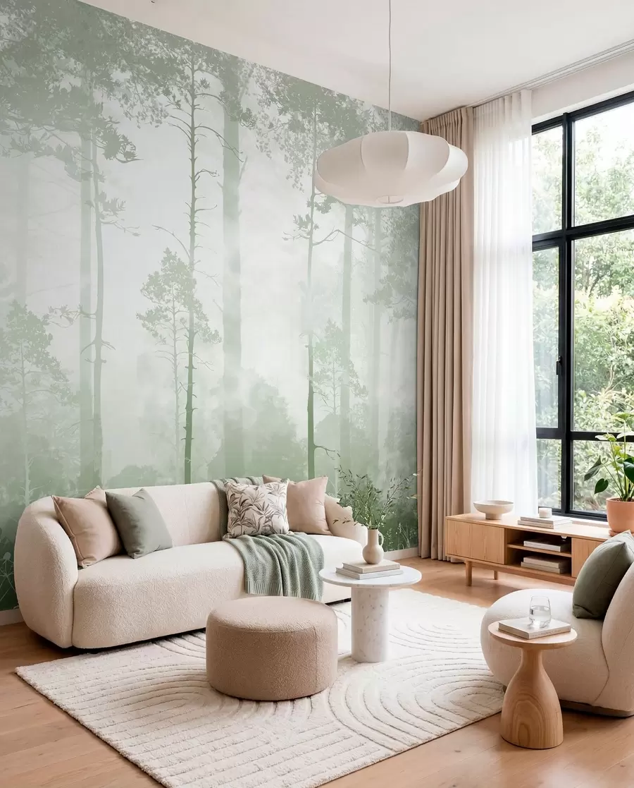 Fotobehang Bos in een saliegroene sluier u94439v2