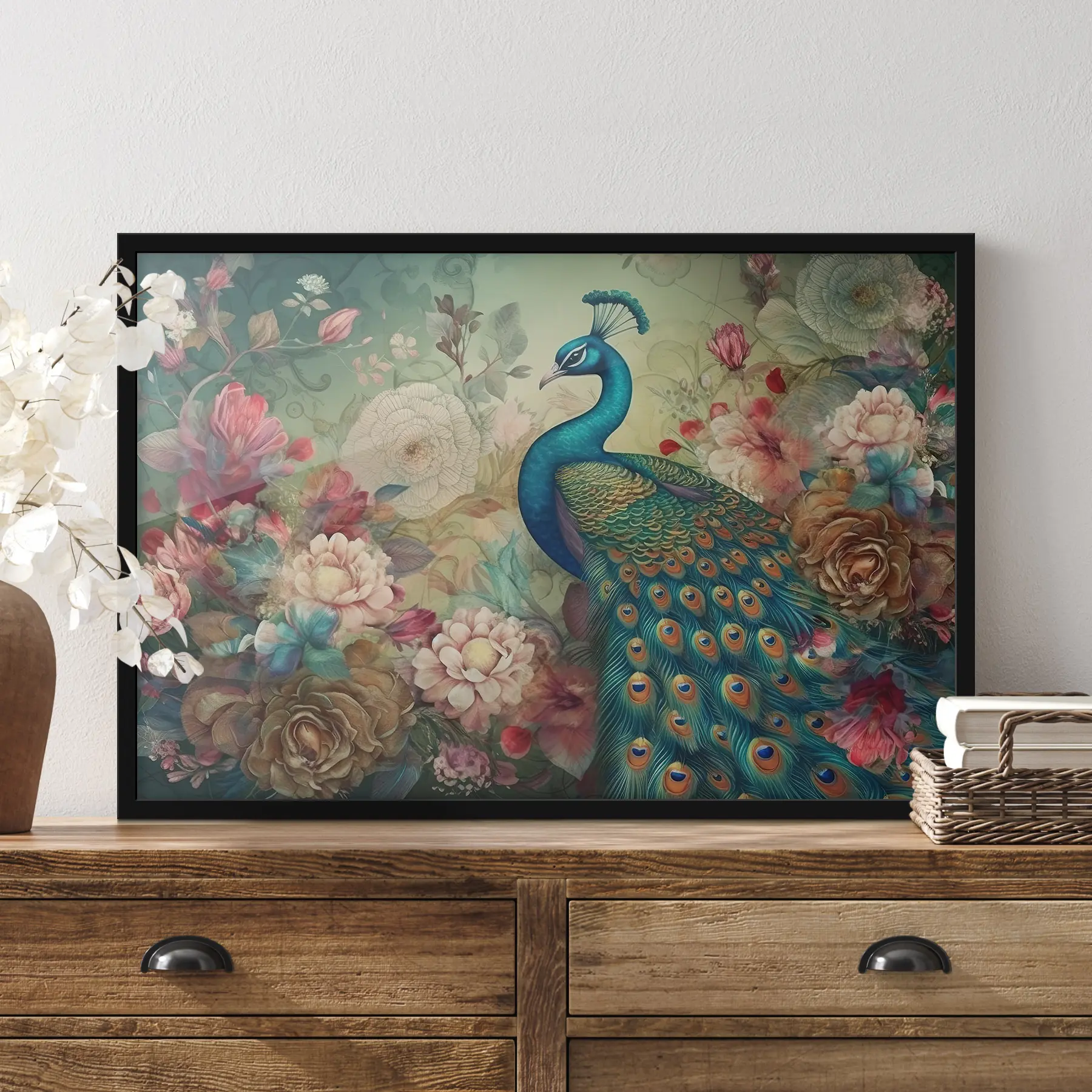 Fotobehang Pauw in bloemen in vintage stijl f34869