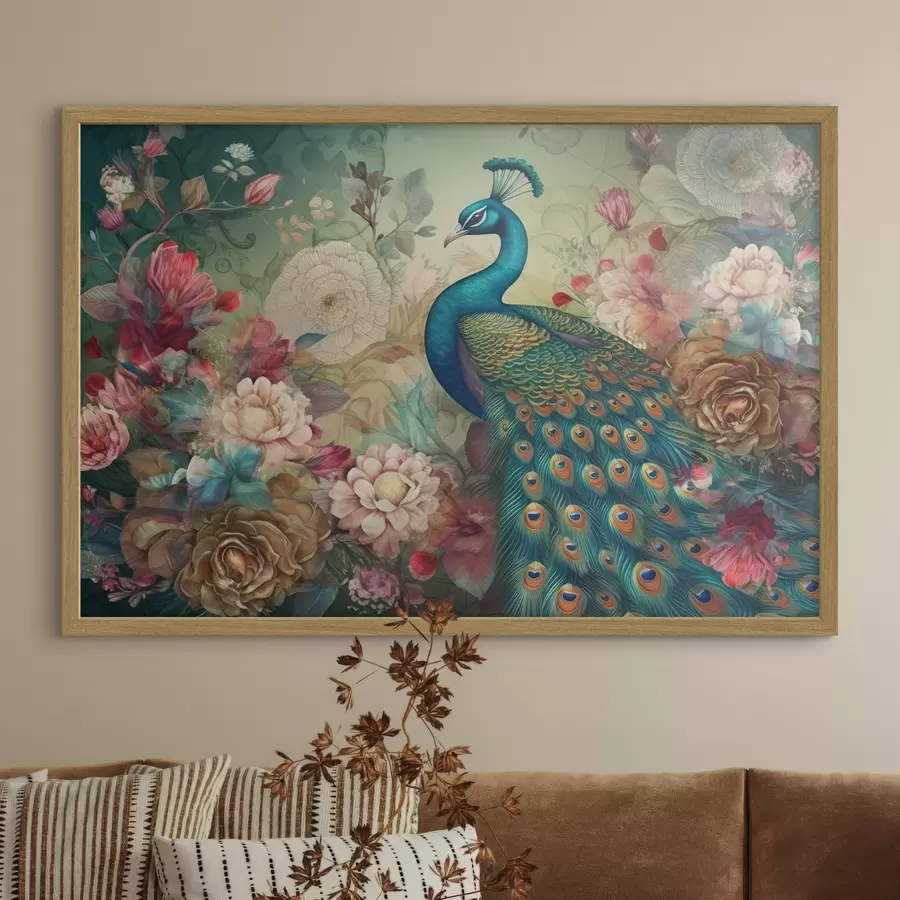 Fotobehang Pauw in bloemen in vintage stijl f34869