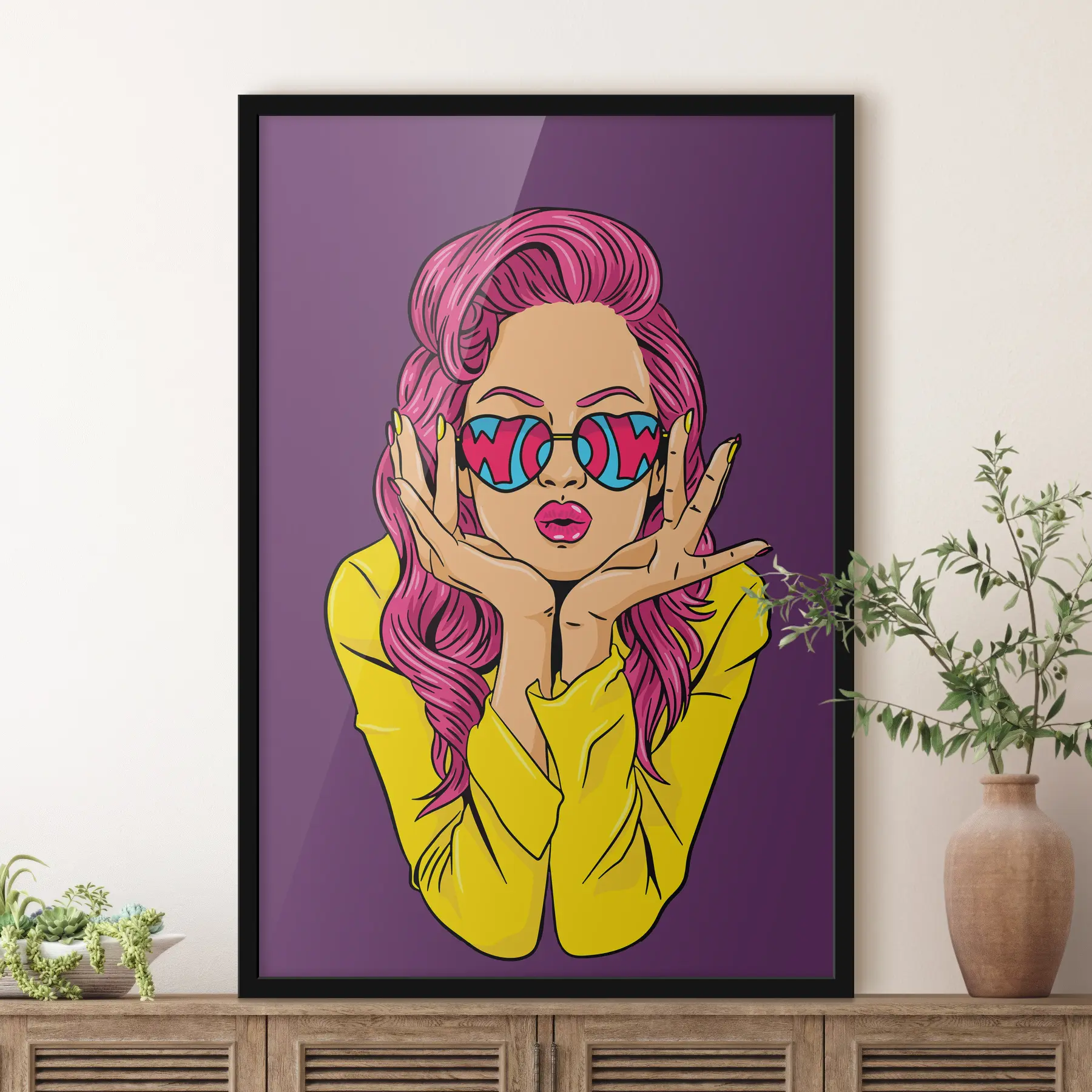Fotobehang Geanimeerde poster met meisje in bril op paarse achtergrond f36846