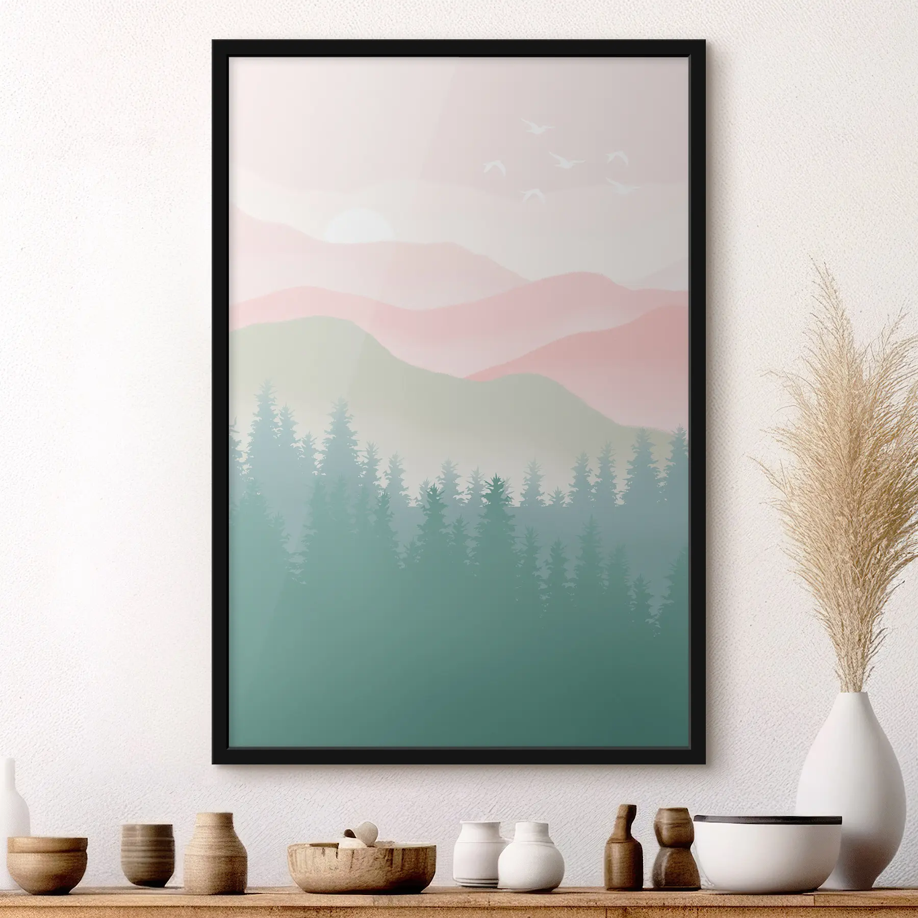  Schilderijen Nevelige bergen met dennenbos, zachte natuurlijke kleuren, roze en groen f36394
