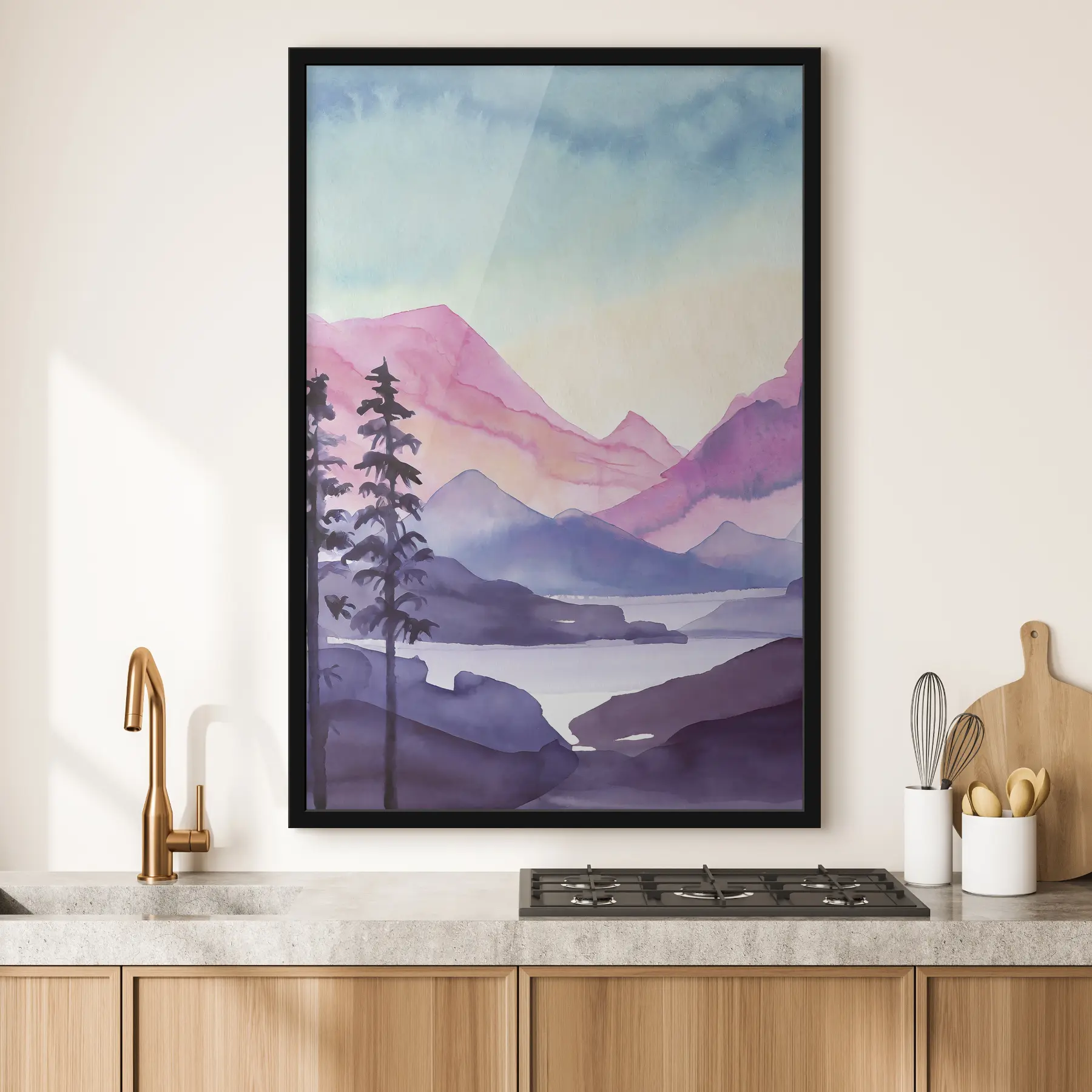 Fotobehang Aquarel Berglandschap, zonsopgang, zacht paars roze en blauw f36496