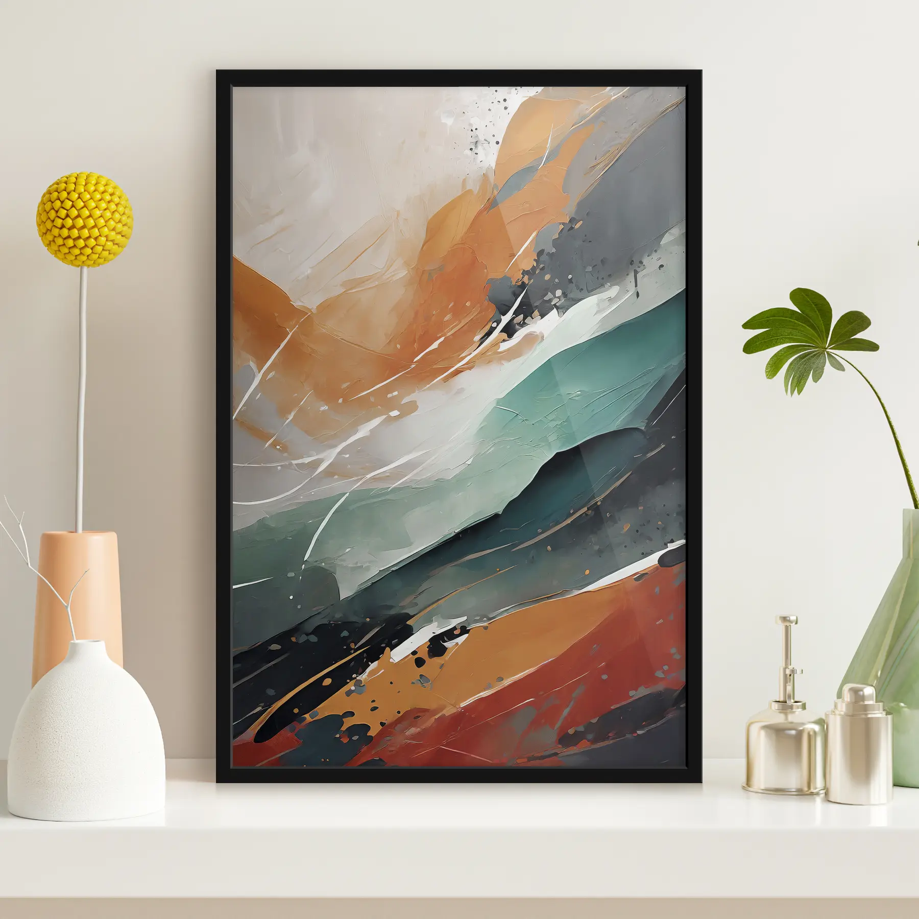 Fotobehang Abstract acrylschilderij, penseelstreek, verftextuur, oranje, blauw f36497