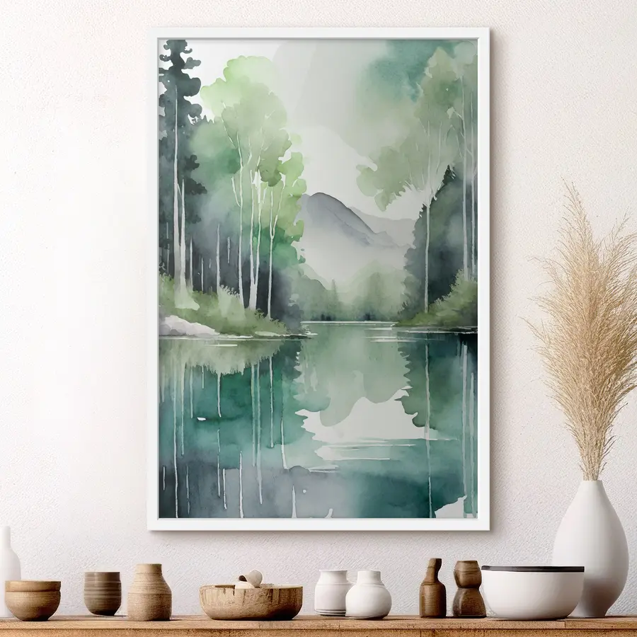 Fotobehang Aquarel Meer en boslandschap, lente, zachte natuurlijke groene kleuren f36503