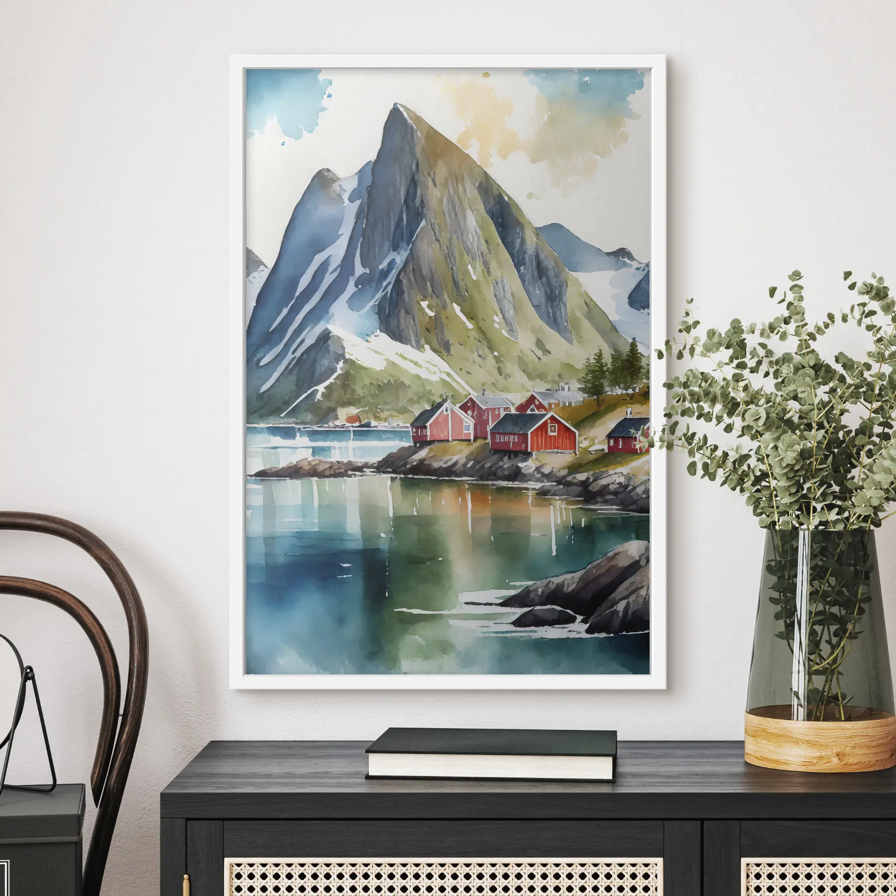 Fotobehang Noorwegen, natuur, aquarel, Lofoteneilanden f36685