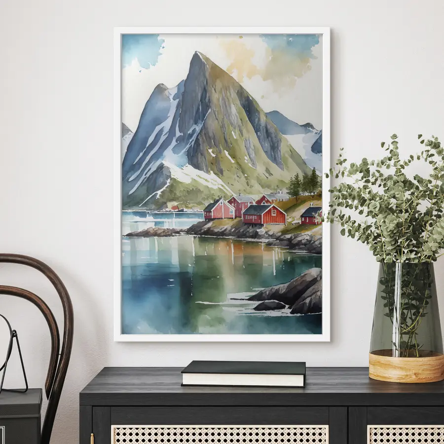 Fotobehang Noorwegen, natuur, aquarel, Lofoteneilanden f36685
