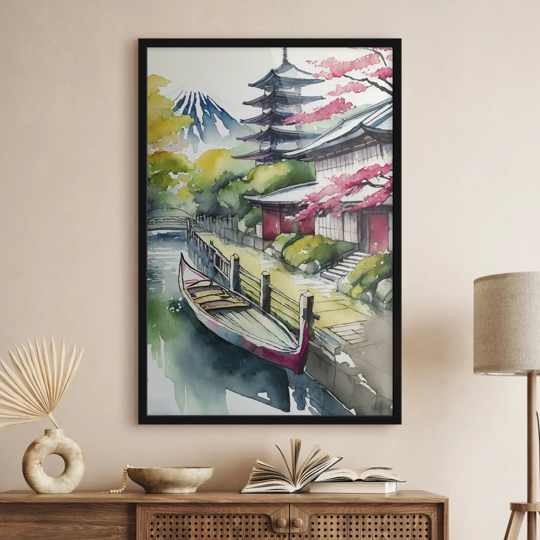 Fotobehang Japan aquarel, kers, berg, boot f36690