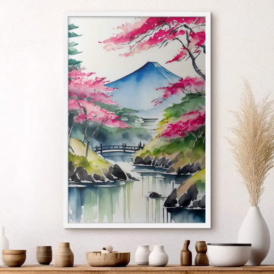 Fotobehang Aquarel Japan, sakura, bergen f36691