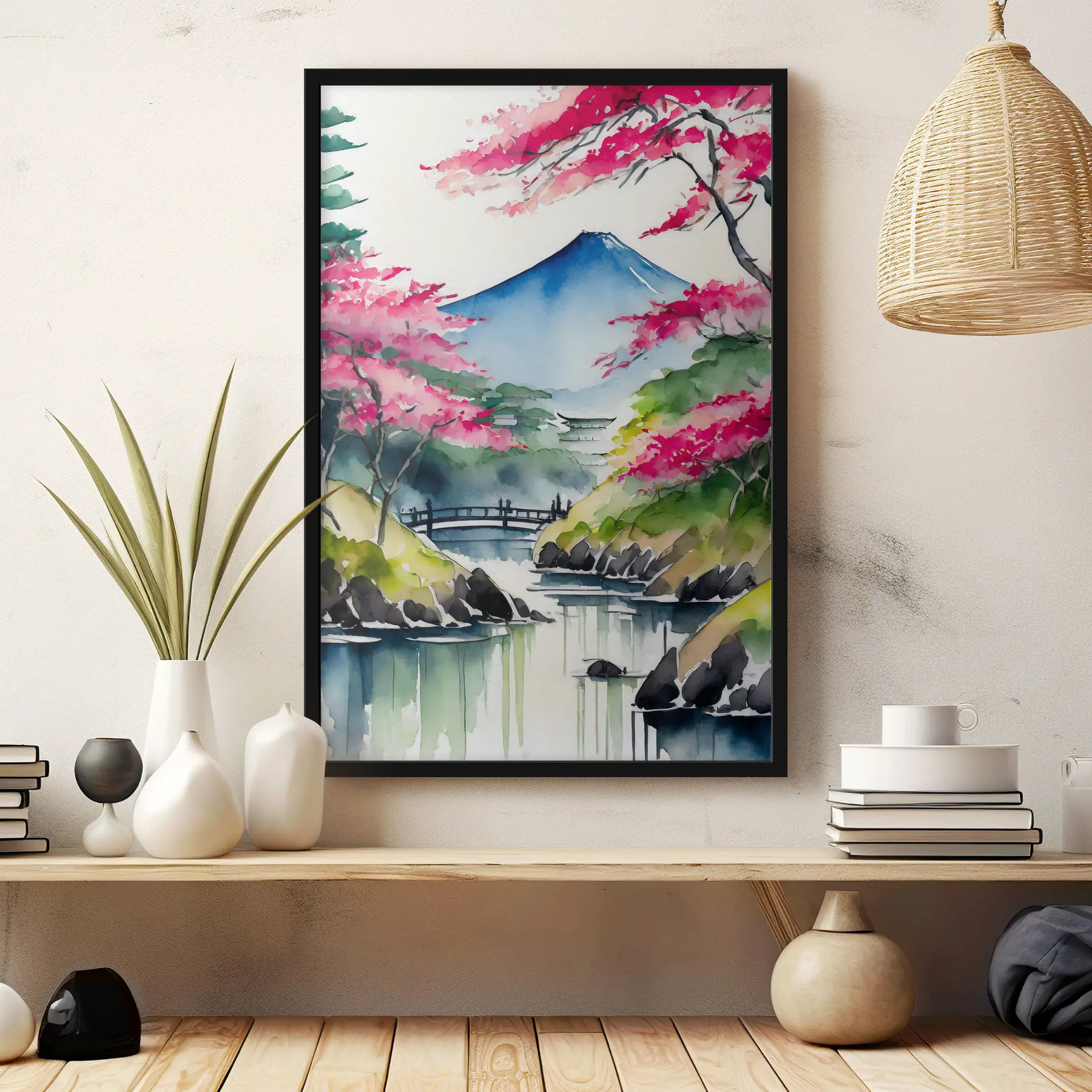 Fotobehang Aquarel Japan, sakura, bergen f36691