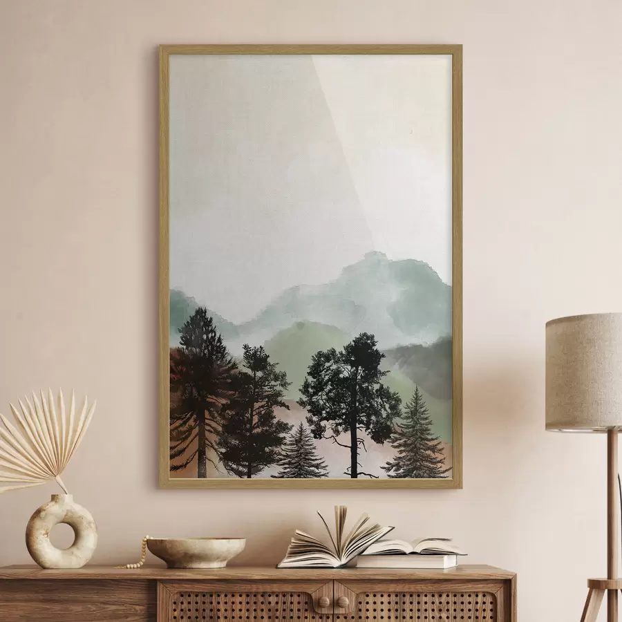 Fotobehang Berg aquarel landschap met bomen f36603