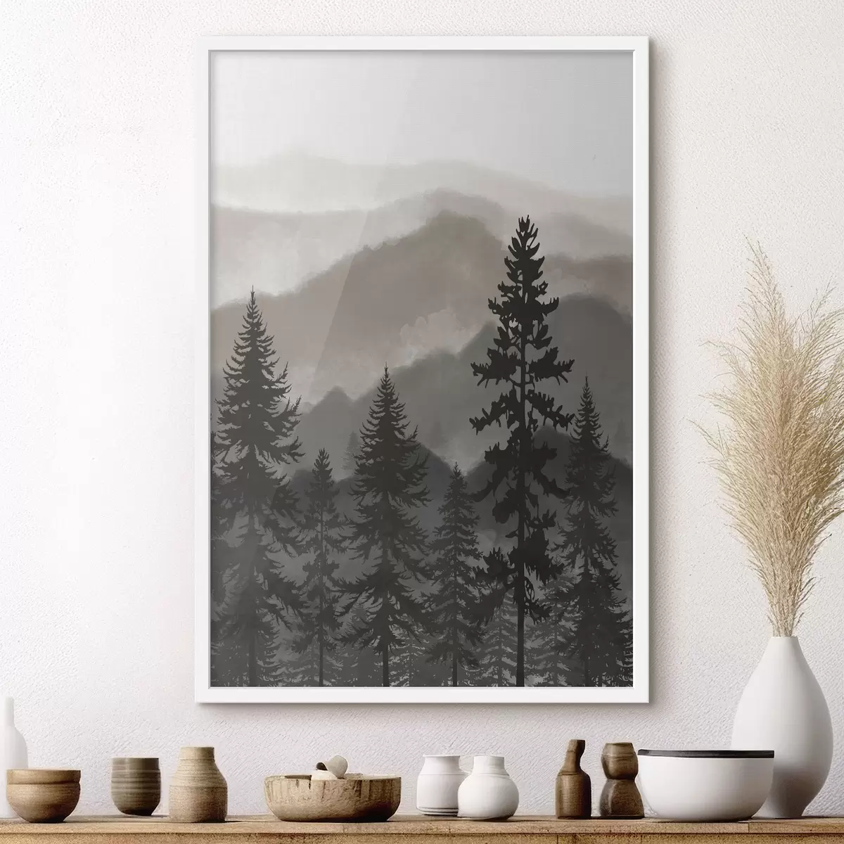 Poster Berglandschap met dennenbomen in aquarel f37017v1