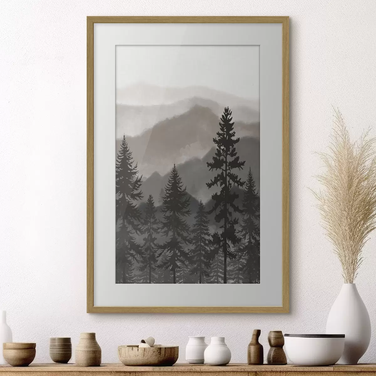 Poster Berglandschap met dennenbomen in aquarel f37017v1