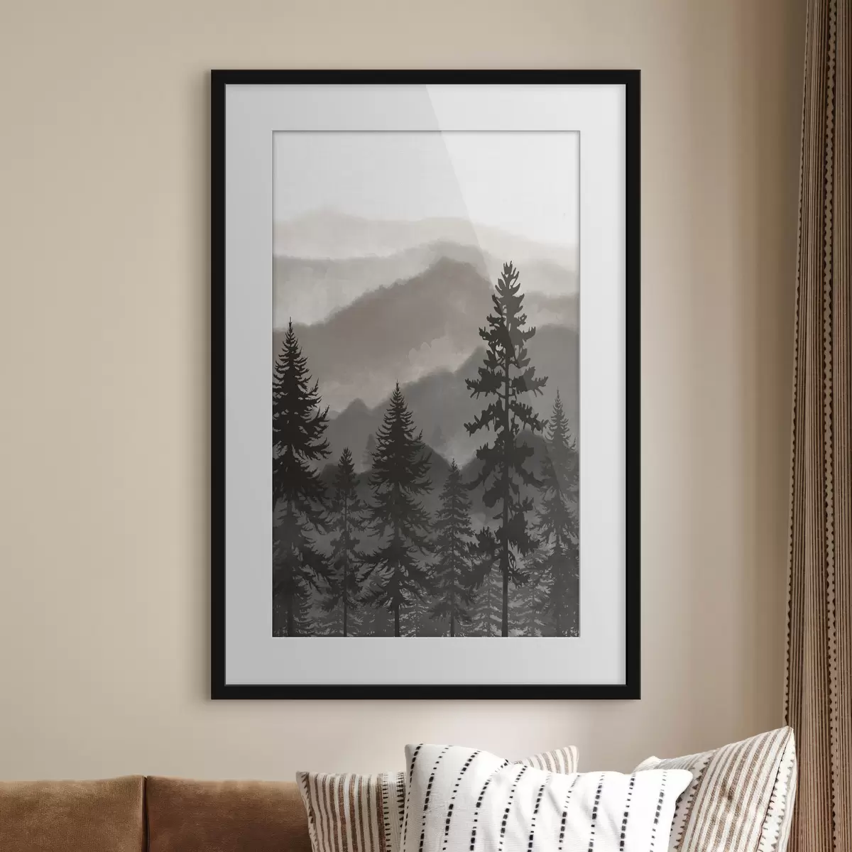 Poster Berglandschap met dennenbomen in aquarel f37017v1