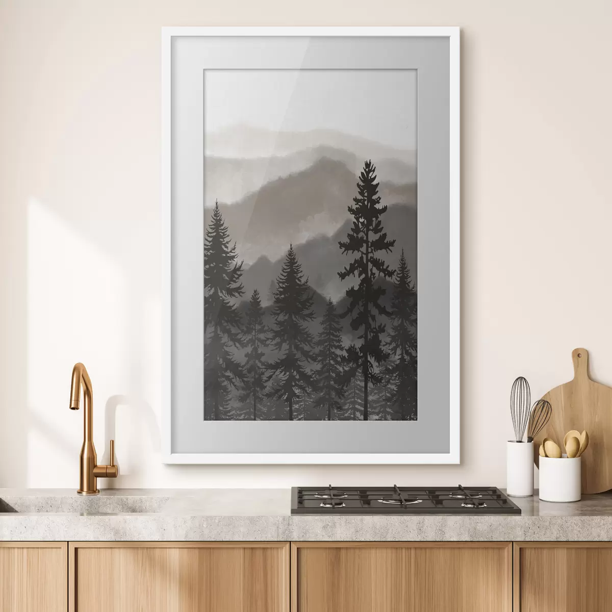 Poster Berglandschap met dennenbomen in aquarel f37017v1