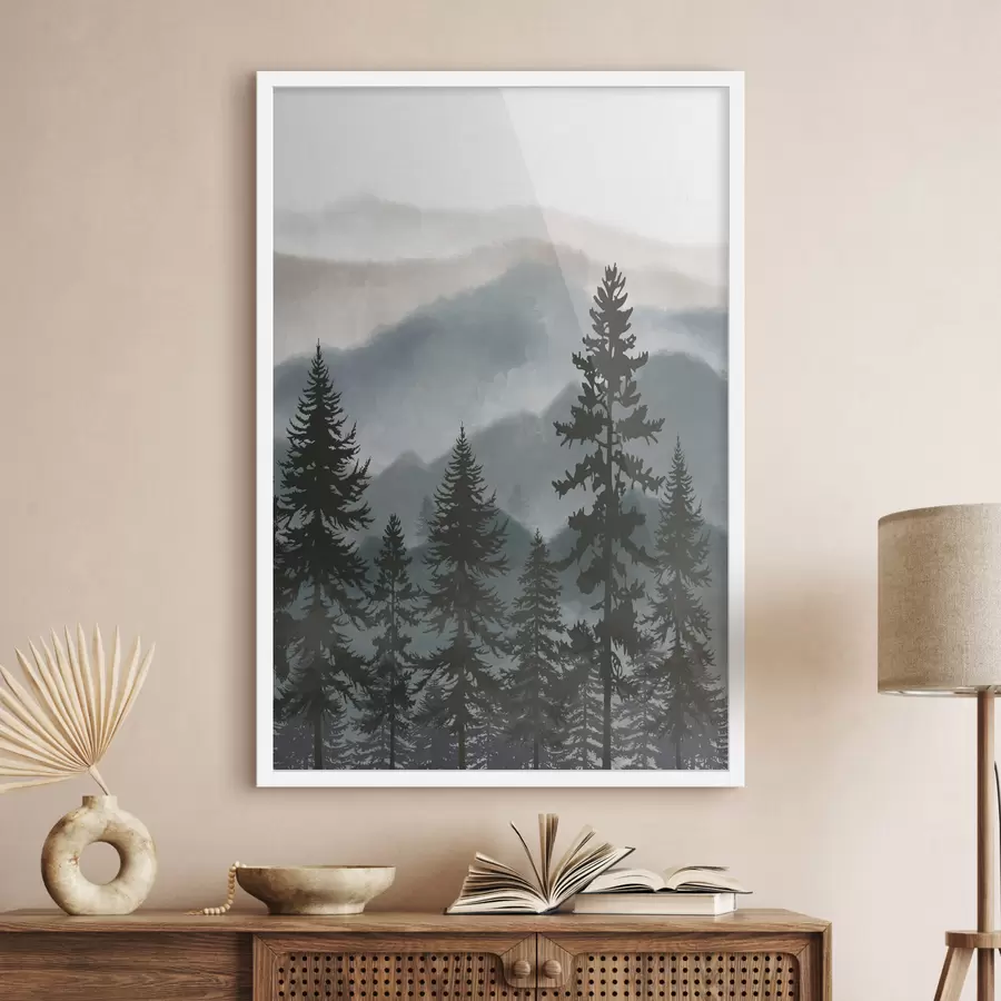 Fotobehang Berglandschap met dennenbomen in aquarel f37017