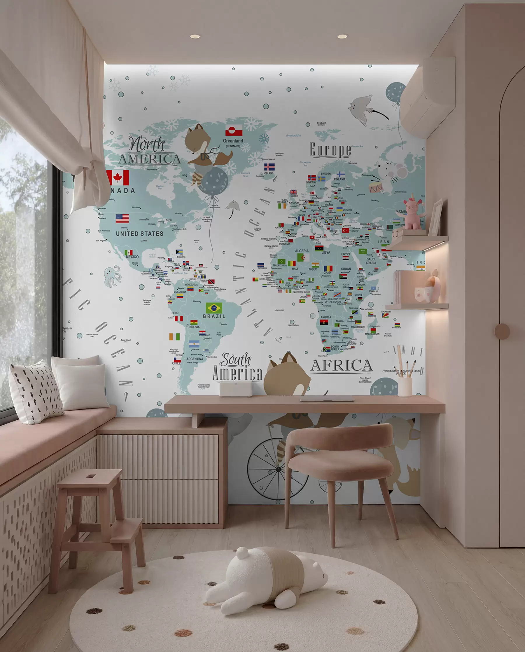 Fotobehang Kinderwereldkaart met dieren u99228