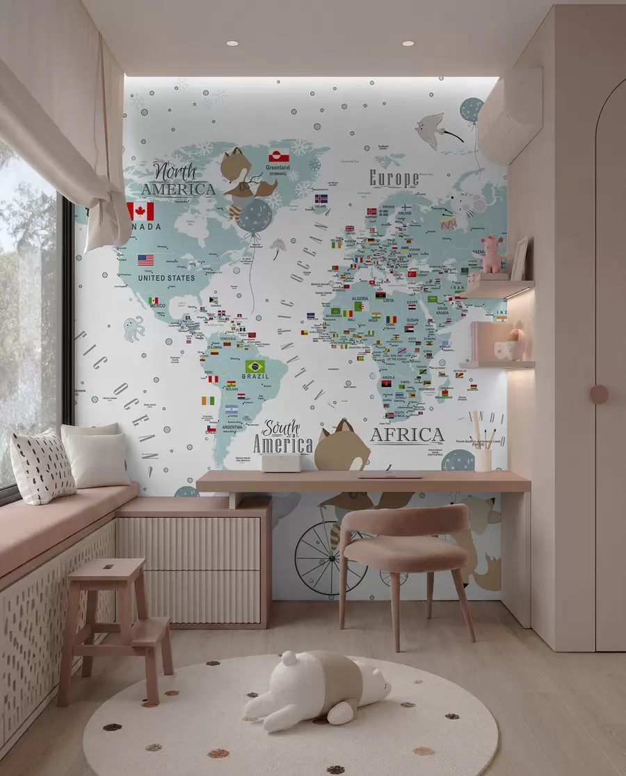 Fotobehang Kinderwereldkaart met dieren u99228