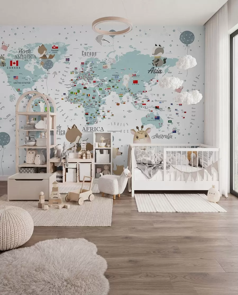 Fotobehang Kinderwereldkaart met dieren u99228