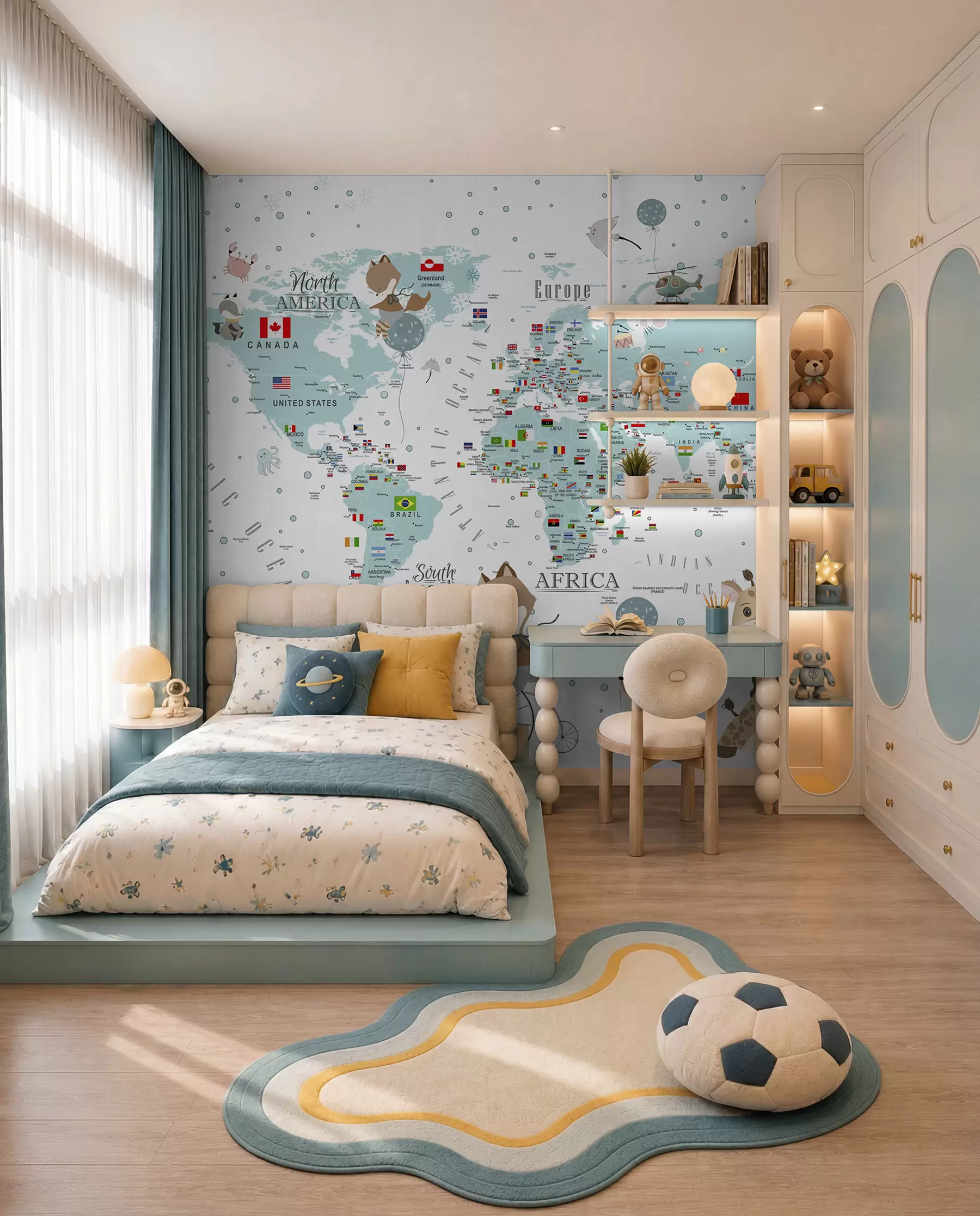 Fotobehang Kinderwereldkaart met dieren u99228