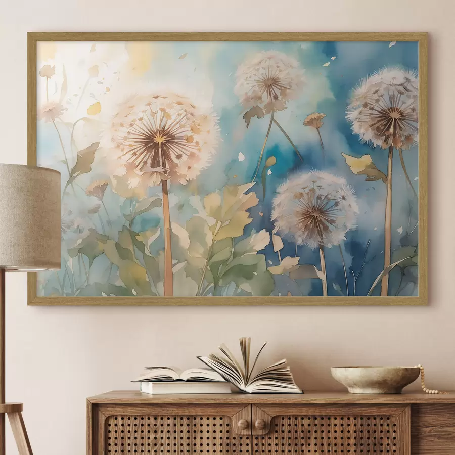 Fotobehang Een veld paardenbloemen in aquarel f35839