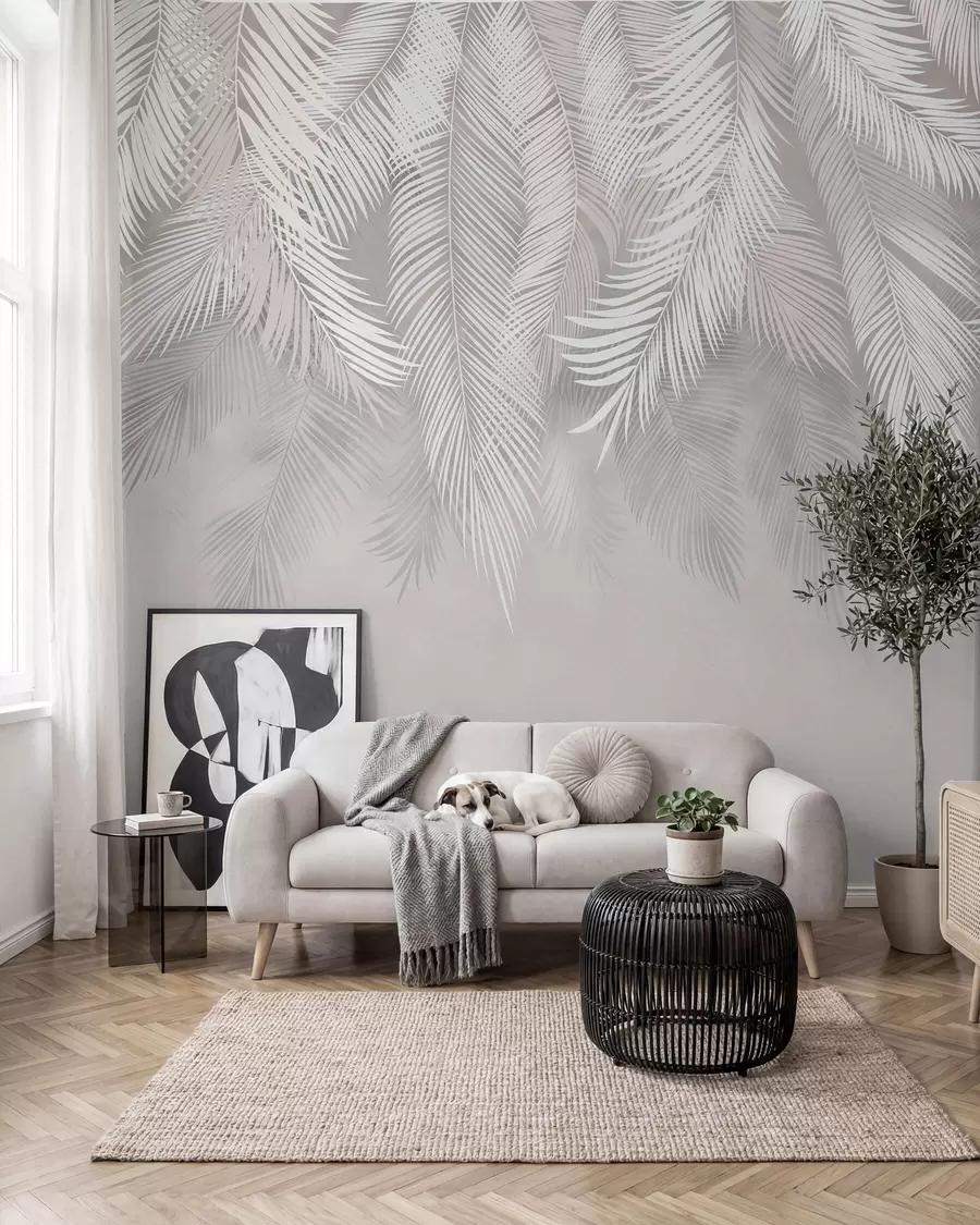 Fotobehang Zilveren palmengordijn I u48556d1