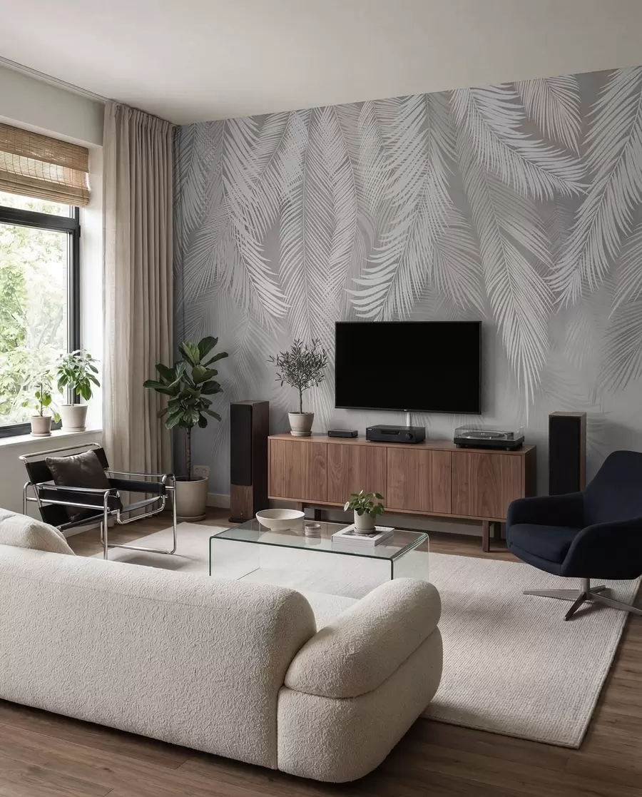 Fotobehang Zilveren palmengordijn II u48556d2