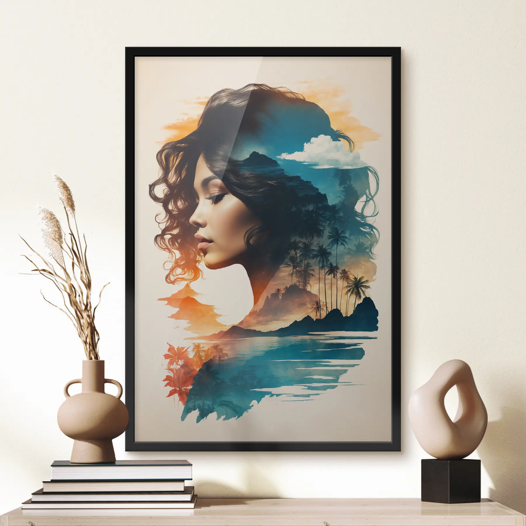 Fotobehang Een meer en palmbomen bovenop een portret van een vrouw f37118