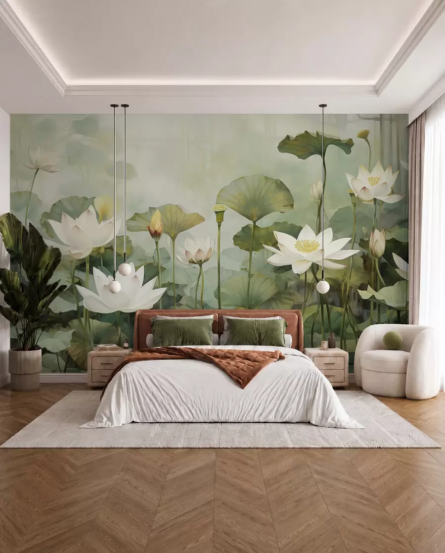Fotobehang Lotusbloemen in het meer, jungle, tropische kunst, groen u99454d1