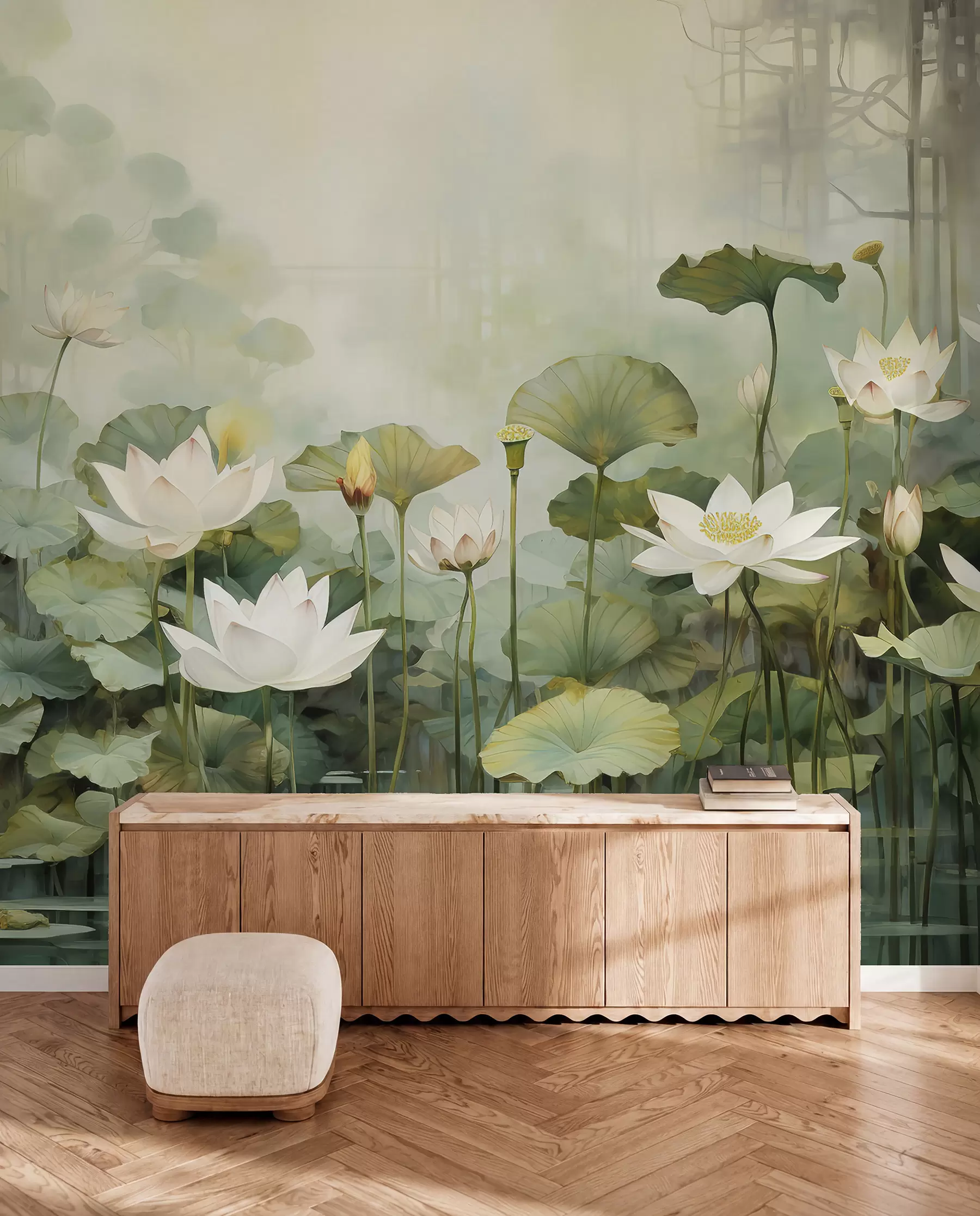 Fotobehang Lotusbloemen in het meer, jungle, tropische kunst, groen u99454d1