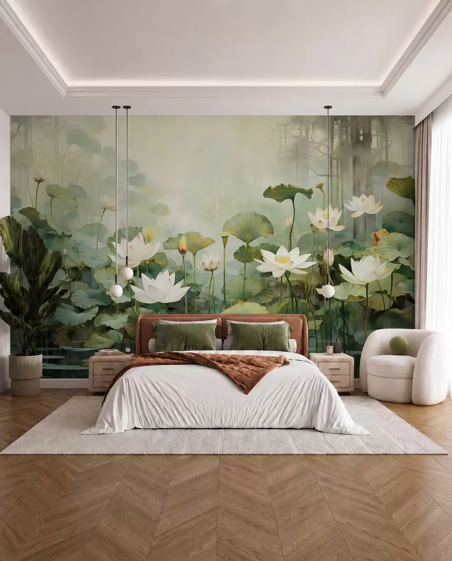 Fotobehang Lotusbloemen in het meer, jungle, tropische kunst, groen u99454