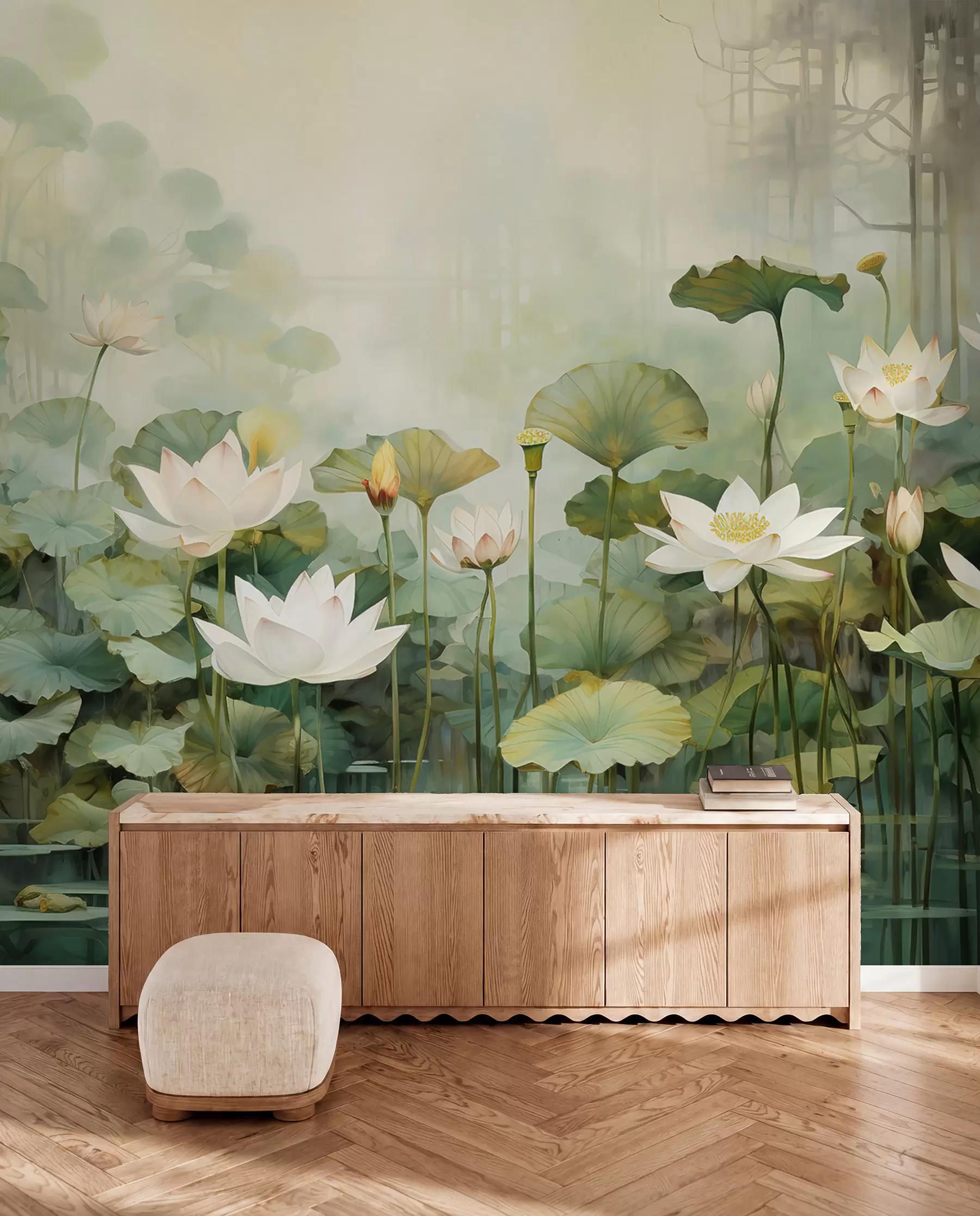Fotobehang Lotusbloemen in het meer, jungle, tropische kunst, groen u99454