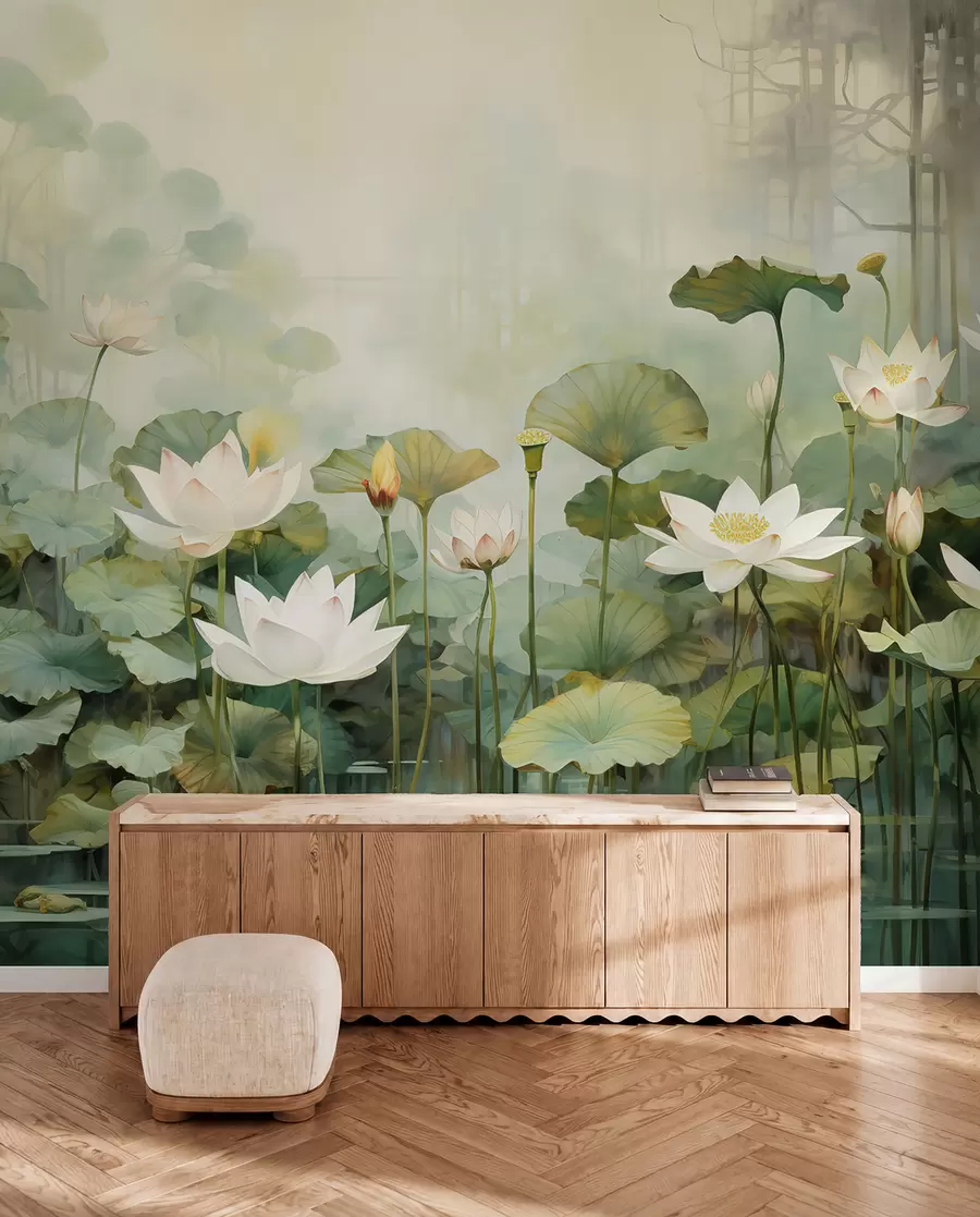 Fotobehang Lotusbloemen in het meer, jungle, tropische kunst, groen u99454