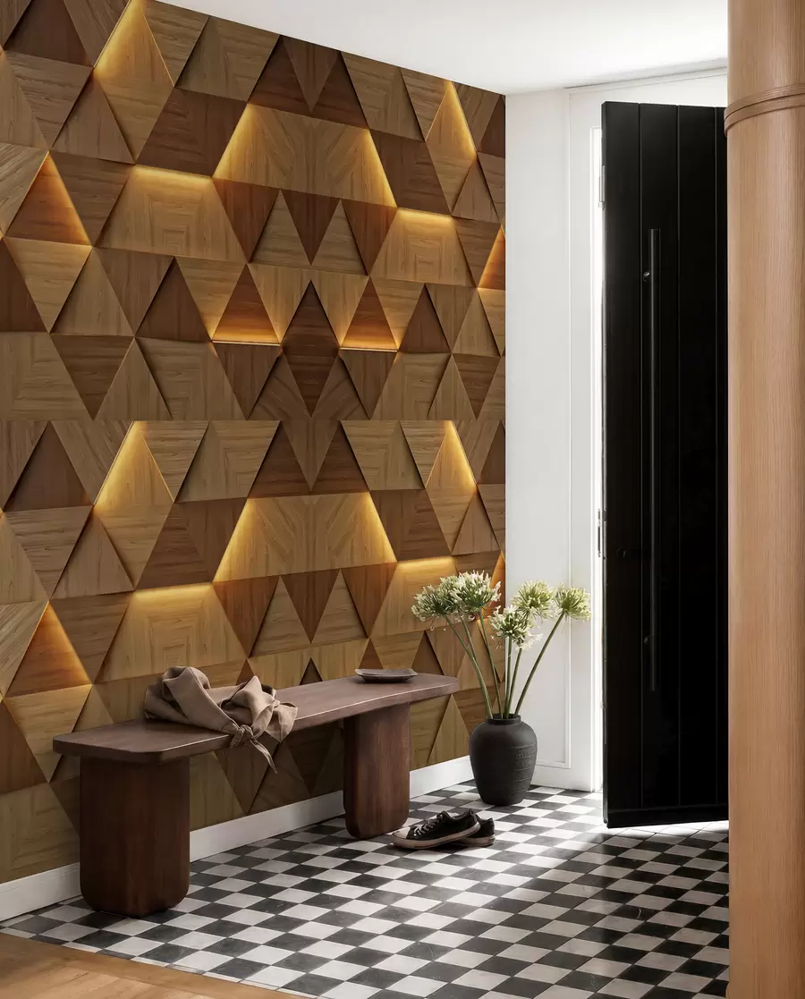 Fotobehang Klassieke houten driehoeken met 3D verlichting u99280